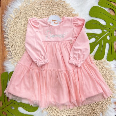 Vestido Manga Longa Princess com Tule - Rosa